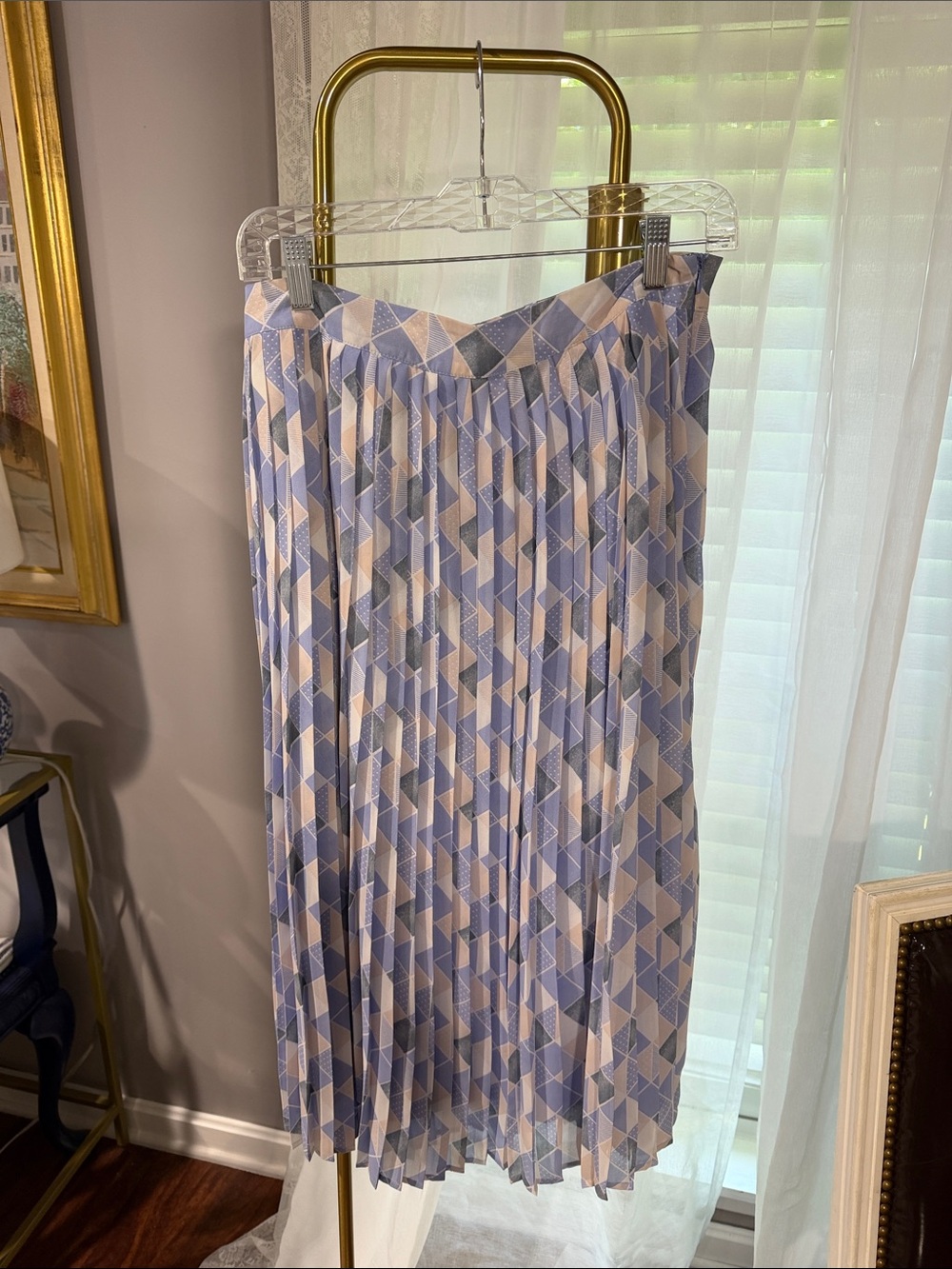 Polagram Pleated Geometric Midi Skirt in Blue and Cream